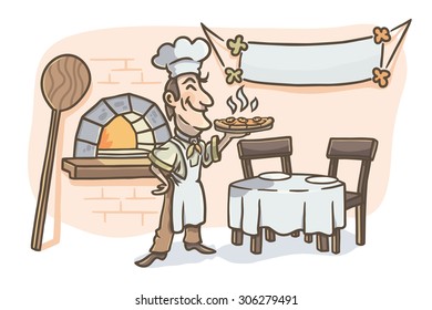 Cook is holding pizza. Pizzeria background. Vector illustration.