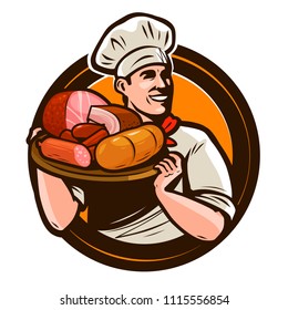Cook holding a tray of meat products. Butcher shop logo. Vector illustration