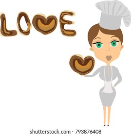cook holds a bagel heart in arms. The love inscription made bagels. Happy Valentine's day, love, wedding concept. Happy Valentines Day Card. EPS 10 Vector