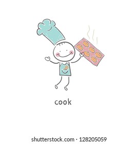 Cook holds a cookie. Illustration.