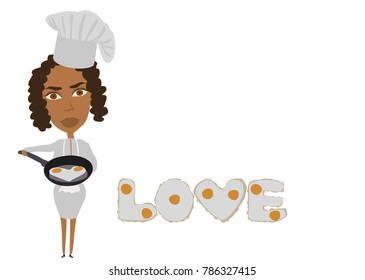 The cook holds a frying pan with heart of fried eggs in arm. The love inscription made of fried eggs. Happy Valentine's day, wedding, love concept. EPS 10 vector illustration.