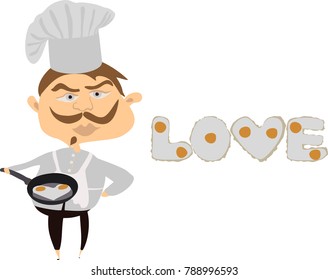 The cook holds a frying pan with heart of fried eggs in arms. The love inscription made of frying eggs. Happy Valentine's day, love, wedding concept. EPS 10 vector illustration