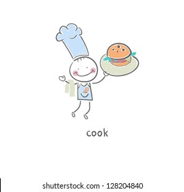 Cook holds a hamburger. Illustration.