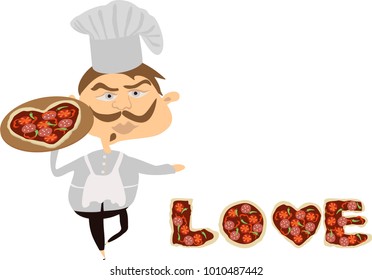 Cook holds a pizza heart in arms. The love inscription made of fried eggs.   Happy Valentine's day, love, wedding concept. Happy Valentines Day Card. EPS 10 Vector