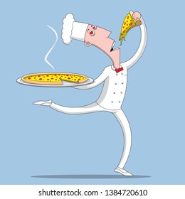 the cook holds the pizza on a tray and dances. Vector graphics. eps