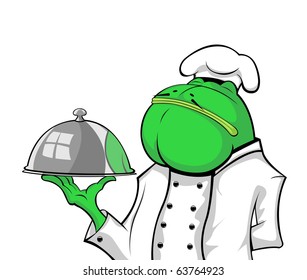 The cook holds a tray. Isolated on white.  Illustration