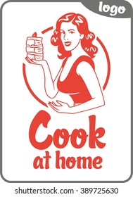 cook at home beautiful girl holds a pie simple sign red circle