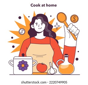 Cook at home to decrease your spendings. Risk management in conditions of economic stagnation. Economic activity decline, wealth-saving actions. Flat vector illustration