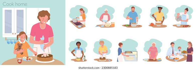 Cook home flat composition with daughter and mother cooking cake and set of similar isolated compositions vector illustration