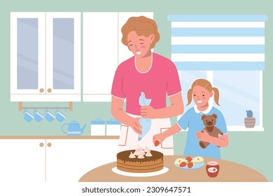 Cook home flat composition with indoor scenery showing mother character cooking cake with her teenage daughter vector illustration