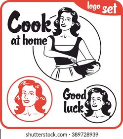 cook at home girl in an apron holding a bowl red circle logo set