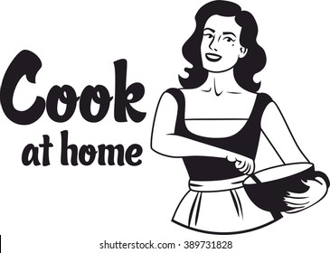 cook at home girl in an apron holding bowl a simple sign