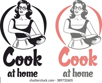cook at home girl in an apron holding bowl circle logo set