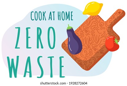 Cook at home. Kitchen tools set. Kitchenware collection. Wooden cutting board, purple eggplant, yellow lemon and red tomato. Zero waste concept. Homemade food and good recipes. Equipment in kitchen