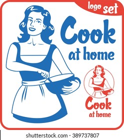 cook at home pin-up girl in an apron holding bowl circle logo set