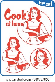 cook at home pin-up girl in an apron holding a bowl red logo set