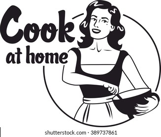 cook at home pin-up girl in an apron holding a bowl black circle logo