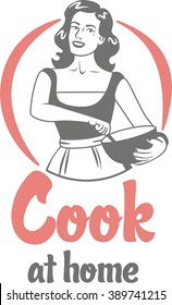 cook at home pin-up girl in an apron holding bowl circle logo