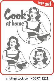 cook at home pin-up girl in an apron holding bowl logo set