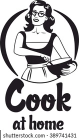 cook at home pin-up girl with glasses and an apron holding a bowl black circle logo