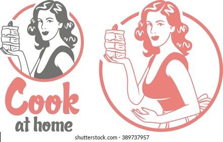 cook at home pin-up girl holding a piece of cake circle logo set