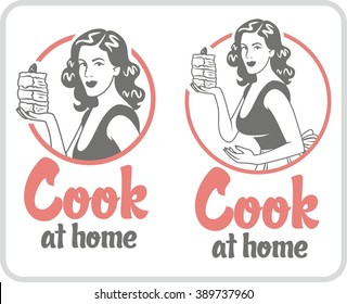 cook at home pin-up girl holding a cake circle logo set