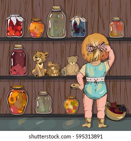 Cook at home. Showcase with jam, baby and dessert, a set of toys for the children's playground.