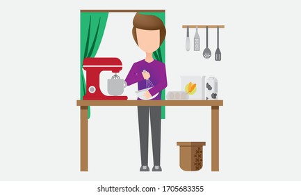 Cook at home when quarantine because coronavirus outbreak and lockdown city. Cartoon Vector flat Design.