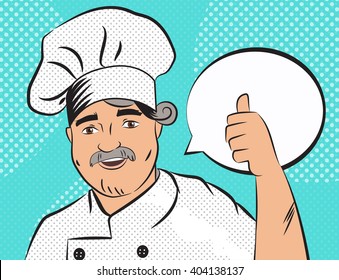 Cook in the hood. Pop art. Style of the comic. Vector isolated illustration. Cartoon character.