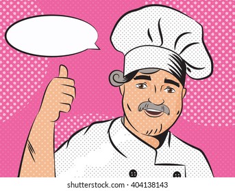 Cook in the hood. Pop art. Style of the comic. Vector isolated illustration. Cartoon character.