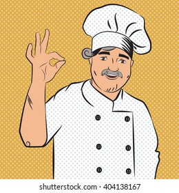Cook in the hood. Pop art. Style of the comic. Vector isolated illustration. Cartoon character.