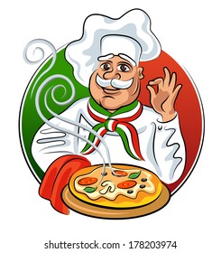 Cook hot pizza. Vector illustration isolated on a white backgroud