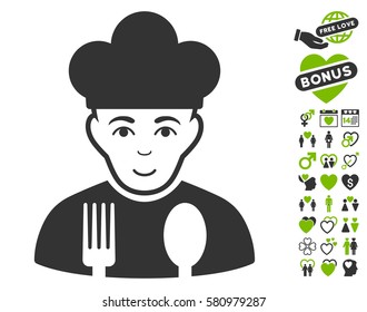 Cook icon with bonus decorative design elements. Vector illustration style is flat iconic eco green and gray symbols on white background.