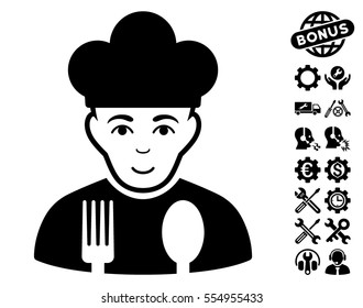 Cook icon with bonus service pictures. Vector illustration style is flat iconic black symbols on white background.