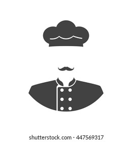 Cook icon. Chef silhouette. Vector illustration flat style design. Mustachioed chef in cap and uniform, pictogram. Professional on kitchen.