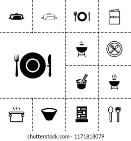 Icono de Cocinar. colección de 13 íconos rellenos de cocinas y contornos como sartén, barbacoa, menú, cuenco. iconos de cocina editables para web y móvil.