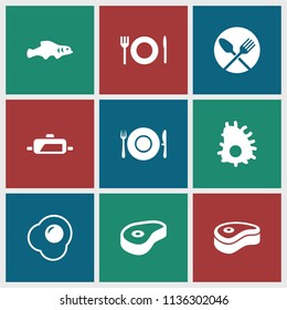 Cook icon. collection of 9 cook filled icons such as beef, plate fork and spoon, egg, extinct sea creature, extinct fish, pan. editable cook icons for web and mobile.