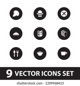 Cook icon. collection of 9 cook filled icons such as spoon and fork, bread slices, menu, hat and bow, pan, extinct sea creature, dish. editable cook icons for web and mobile.