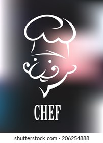 Cook icon on a shiny metallic surface with a white doodle sketch logo of a bearded chef in a toque above the word - Chef