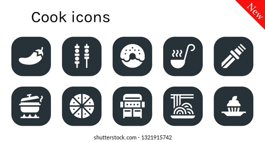 cook icon set. 10 filled cook icons.  Simple modern icons about  - Chili, Skewers, Donut, Ladle, Knife, Pot, Pizza, Grill, Spaghetti, Cupcake