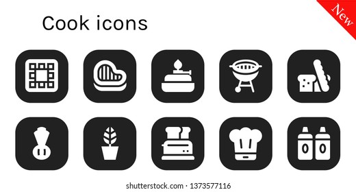 cook icon set. 10 filled cook icons.  Simple modern icons about  - Waffle, Steak, Burner, Bbq, Bread, Chives, Pot, Toaster, Chef, Sauces