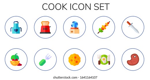 cook icon set. 10 flat cook icons. Included apron, pepper, toaster, fork, dish, cookies, skewer, dinner, knife, steak icons