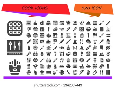 cook icon set. 120 filled cook icons.  Collection Of - Waffle, Fries, Mixer, Oven, Toaster, Meat, Restaurant, Noodles, Tongs, Dinner, Salt, Fork, Knife, Bbq, Beater, Spoon, Bowl