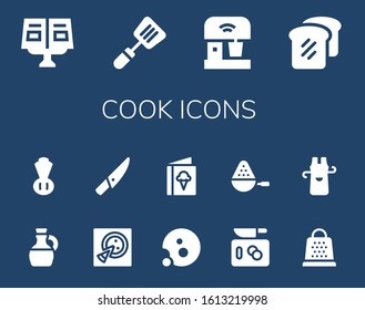 cook icon set. 14 filled cook icons.  Simple modern icons such as: Recipe book, Spatula, Mixer, Bread, Olive oil, Chives, Pizza, Knife, Cookie, Menu, Chop, Spoon, Grater, Apron