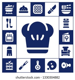 cook icon set. 17 filled cook icons.  Collection Of - Pot, Soup ladle, Stove, Chef, Salt, Condiments, Menu, Toaster, Waffle, Bonnet, Meat, Pan, Knife, Cookie, Noodle