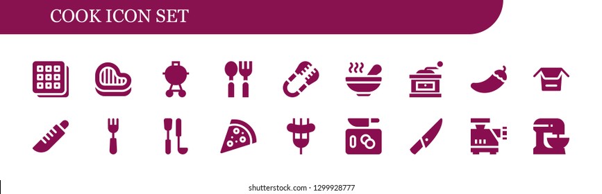  cook icon set. 18 filled cook icons.  Simple modern icons about  - Waffle, Steak, Barbecue, Spoon, Tongs, Soup, Grinder, Pepper, Noodles, Knife, Fork, Soup ladle, Pizza, Sausage