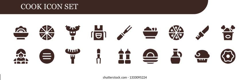 cook icon set. 18 filled cook icons.  Collection Of - Salad, Pizza, Sausage, Apron, Meat, Knife, Fried chicken, Waitress, Fork, Salt, Dish, Olive oil, Muffin, Donut