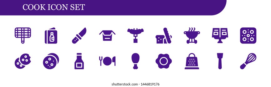 cook icon set. 18 filled cook icons.  Collection Of - Grill, Menu, Knife, Noodles, Sausage, Bread, Bbq, Recipe book, Pizza, Cookie, Sauce, Cutlery, Fried chicken, Fried egg, Grater