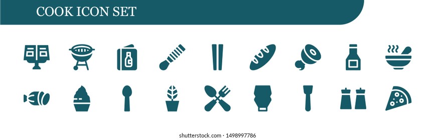 cook icon set. 18 filled cook icons.  Collection Of - Recipe book, Bbq, Menu, Spatula, Chopsticks, Bread, Meat, Sauce, Soup, Salami, Cupcake, Spoon, Pot, Cutlery, Mayonnaise, Salt
