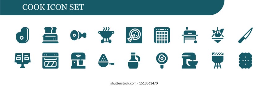 cook icon set. 18 filled cook icons.  Simple modern icons about  - Meat, Toaster, Bbq, Pizza, Mixer, Grill, Pot, Knife, Recipe book, Oven, Spoon, Olive oil, Fried egg, Beater